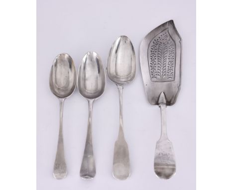 A William IV Silver Fiddle Pattern Fish Slice and Mixed Silver Ware, the fish slice by William Chawner, London 1830, engraved