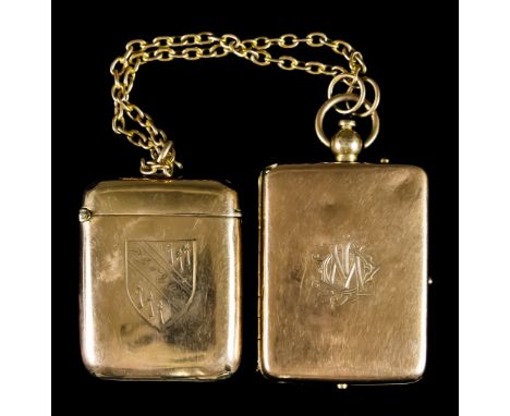 A 9ct Gold Lady's Compact, engraved "IOM", and a 9ct gold Vesta case, both suspended from 9ct gold chain, total gross weight 