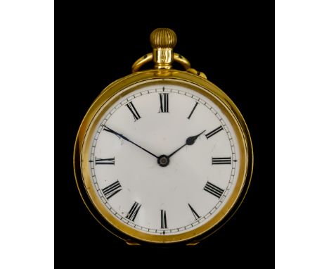 A Ladies Open Faced Keyless Pocket Watch, 18ct gold case, 38mm diameter, 18ct gold duct cover, white enamelled dial with Roma