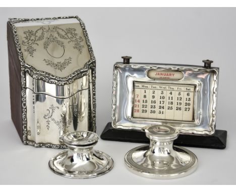 An Edward VII Silver Mounted and Leather Covered Stationery Slope and Mixed Silverware, the stationery slope by J Batson &amp