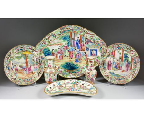 A Small Collection of Chinese Cantonese Porcelain, including - a dish of shaped outline, 19th century, enamelled in colours w