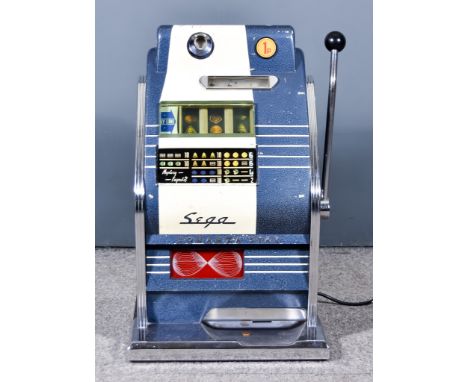 A Mid to Late 20th Century Saga "Bonanza Star" One Armed Bandit, a one penny slot machine in cream and blue with chromed moun