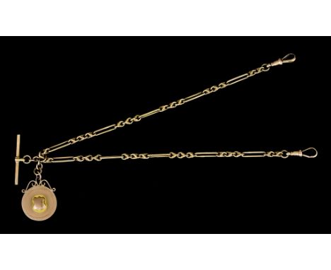 A 9ct Gold Albert Chain with Suspended Fob, 380mm in length, total gross weight 28.3gThe chain presents in good overall condi