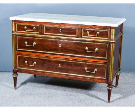 A 19th Century French Gilt Metal Mounted Commode, with white and grey veined marble slab and moulded edge to top, fitted thre