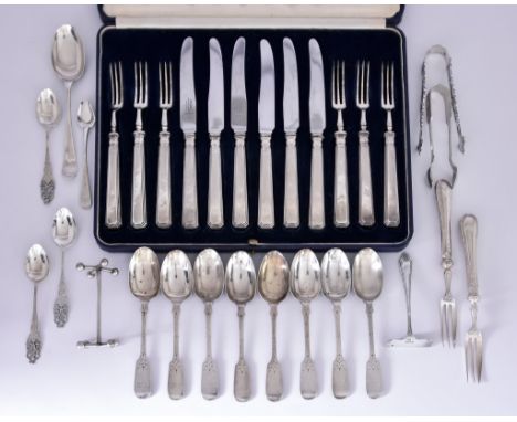 A Set of Eight&nbsp; Victorian Silver Fiddle Pattern Teaspoons and Mixed Silver Ware, the teaspoons by John Pope Genge, Londo