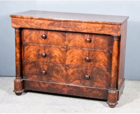 A 19th Century Continental Figured Mahogany Commode, with square edge to top, fitted one frieze drawer, three long recessed d