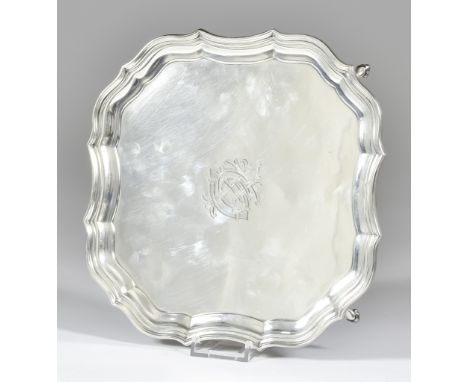 A George V Silver Square Waiter, by Barker Brothers, Chester 1913, with shaped and moulded rim, engraved with monogram to cen