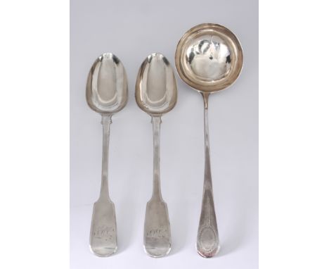 A George IV Silver Soup Ladle and A Pair of Victorian Silver Fiddle Pattern Gravy Spoons, the soup ladle by George Smith and 