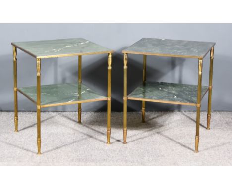 A Pair of Late 19th/Early 20th Century Gilt Metal Mounted Two Tier Square Lamp Tables, each inset with green veined marble sl