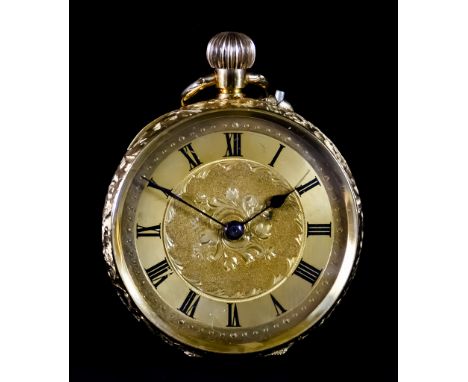 A Lady's Keyless Open Faced Pocket Watch, Early 20th Century, 18ct gold case, 34mm diameter, chased with foliate work and cle