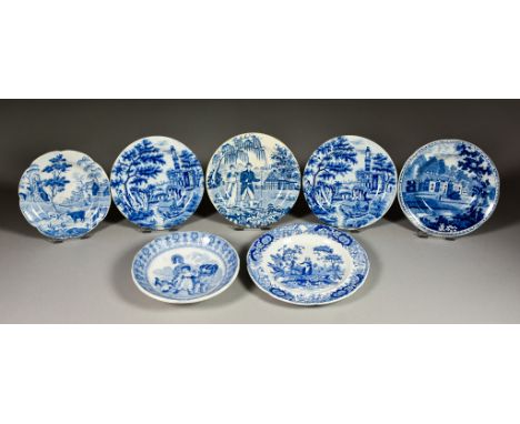 A Selection of English Blue and White Transfer Printed Pottery, Early 19th Century, including - Minton plate 'Child with Dogs