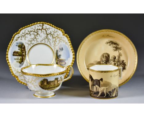 A Flight Barr & Barr, Worcester, Porcelain Cup and Saucer, Circa 1830, enamelled in colours with buildings, including Bungay 