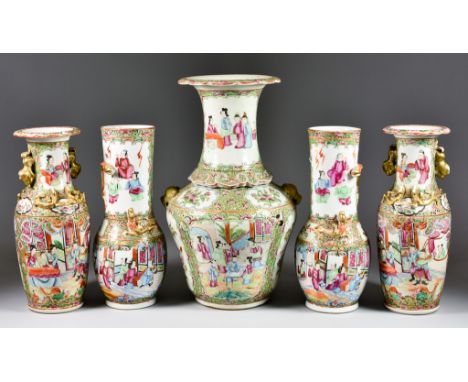 A Pair of Chinese Cantonese Porcelain Long-Necked Vases, 19th Century, enamelled in colours with alternating panels of figure