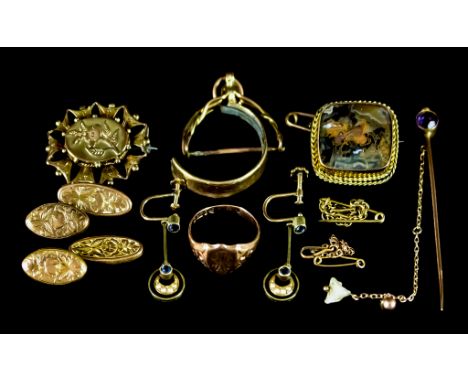 A Quantity of 9ct Gold, comprising - two brooches, amethyst stick pin, lady's signet ring, size N, pair of gem set earrings, 