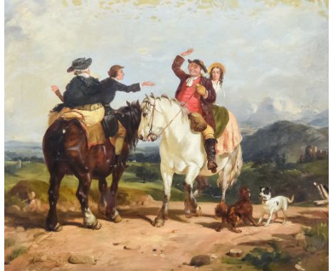 19th Century British School - Oil painting - Mountainous landscape, with horse-mounted figures exchanging greetings on a path