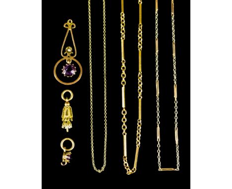 A Quantity of 9ct Gold Chains and Pendants, comprising - three fine gold chains, 420mm, 410mm and 400mm in length,&nbsp;&nbsp