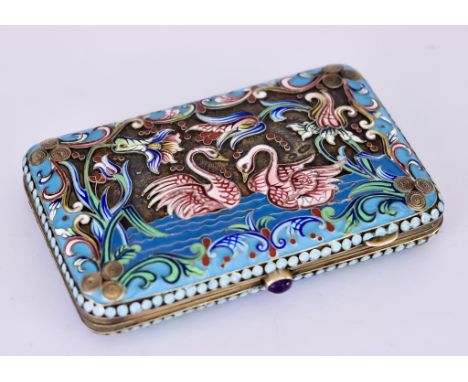 An Early 20th Century Russian Silver Gilt and Champleve Enamel Rectangular Cigarette Case, Assay Master MC Moscow, stamped 84