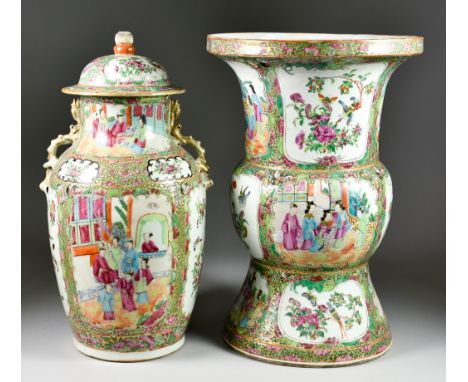 A Chinese Cantonese Porcelain Gu-Shaped Vase, 19th Century, enamelled in colours with alternating panels of figures, flowers 