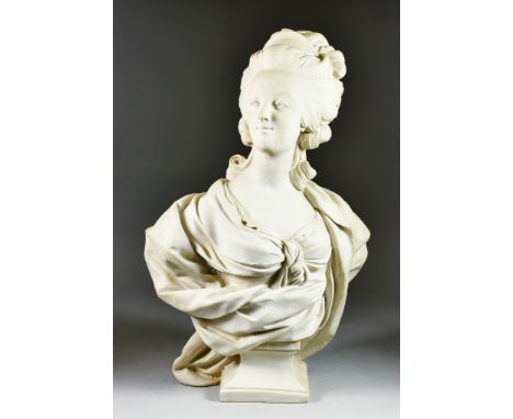 A French Composition Bust of Marie Antoinette of Louis XVI Style, 20th Century, on integral plinth,19ins highGeneral dirt bui