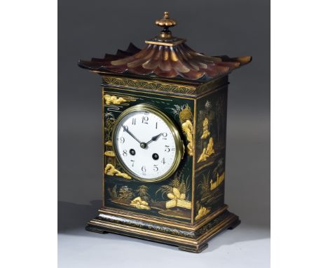 A 19th Century French Green Japanned Cased Mantle Clock by Samuel Marti, No.853, the 4ins domed cream dial with Arabic numera