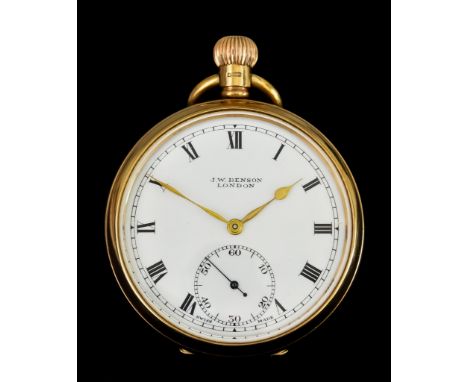 A 9ct Gold Open Face Keyless Pocket Watch, by J W Benson of London, 9ct gold case, 48mm diameter,&nbsp;9ct gold dust cover, e