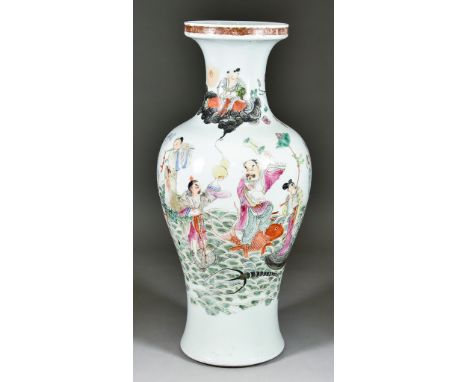 A Chinese Famille Rose Porcelain Vase, 19th/20th Century, enamelled in colours with figures riding sea creatures on waves, re