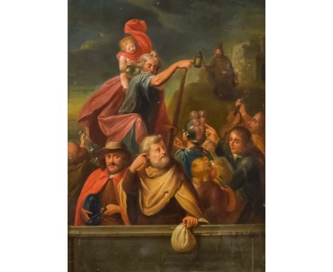 French School (17th/18th Century) - Oil painting - "St Christopher Normands", the Saint carrying the Christ Child whilst lay 