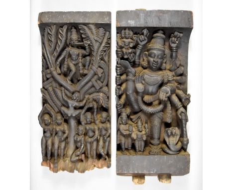 A Carved Teak Hindu Aratha Chariot Panel, 19th Century, depicting Krishna hiding in a tree, playing the flute while six naked