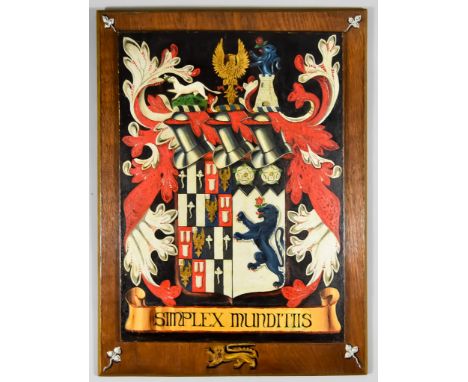 A Heraldic Coat of Arms - The Marital Arms of Symons and Hyatt, Circa 1864, painted in oils on a wood panel attached to an oa