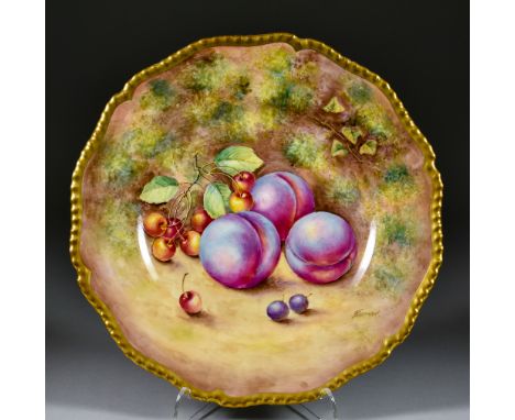 A Royal Worcester Bone China Cabinet Plate, Circa 1960,&nbsp;painted by John Freeman, with a still life of plums and cherries