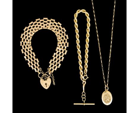 A Quantity of 9ct Gold Items, comprising - gate bracelet with padlock clasp, 180mm overall, rope twist t-bar bracelet,&nbsp;1