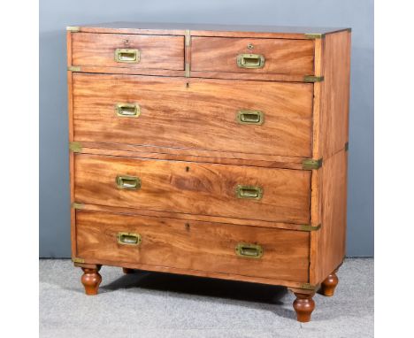 A 19th Century Mahogany and Brass Bound Military Chest, in two sections, fitted two short and three long drawers, on turned f