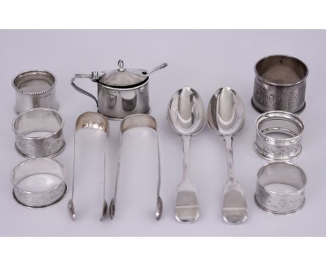 Two Pairs of George III Silver Sugar Tongs and Mixed Silver Ware, the tongs,&nbsp; one by Stephen Adams, London 1807, with br