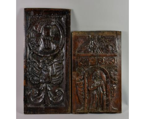 A French Carved Oak Romayne Panel, Late 16th Century, 19.25ins x 8.75ins, and a carved oak panel, late 16th century, with a s