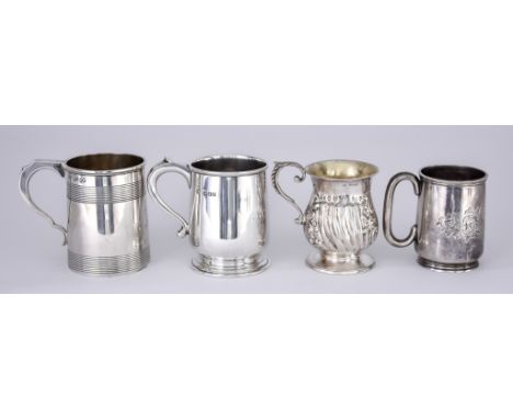 Four Silver Christening Mugs, one by William Wrangham Williams, London 1865, with moulded rim, twin reeded band to body and a