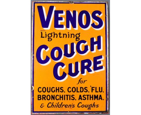 A "Veno's Cough Cure" Enamel Advertising Sign, Early 20th Century, in blue, white, black and orange, 30ins x 20insThere is so