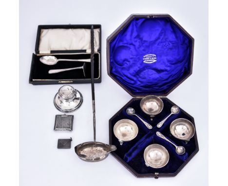 A Set of Four Victorian Silver Circular Salts and Mixed Silverware, the salts maker's marks rubbed, London 1868, with moulded