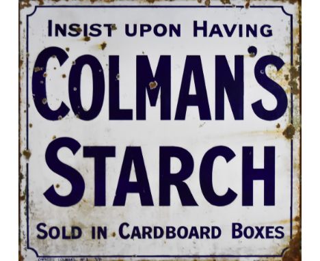 A 'Colman's Starch' Enamel Sign, Late 19th/Early 20th Century,&nbsp;enamelled in blue and white by 'Patent Enamel Co Ltd B'ha