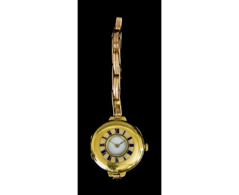 A Lady's Manual Wind Half Hunting Cased wristwatch,&nbsp;18ct gold case, 28mm diameter, enamelled chapter ring, white enamell