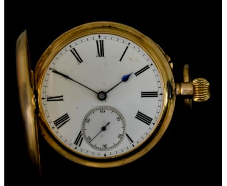 A Keyless Full Hunting Case Pocket Watch, Continental, 14ct gold case, 50mm diameter, white enamelled dial with black Roman n