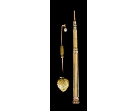 A Collection of Gold Items, comprising - a yellow metal (tests as 14ct gold) propelling pencil, set with amethyst stone to re