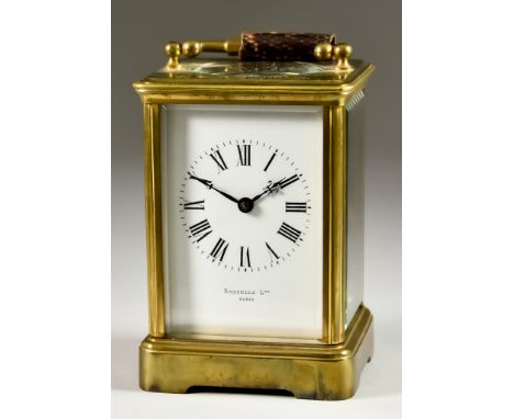 A Late 19th Century French Carriage Clock&nbsp;retailed by Russells Ltd, Paris, the white enamel dial with Roman numerals to 