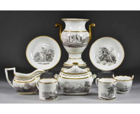 A Collection of Spode Bat-Printed Porcelain, Circa 1800, Pattern 1922 with gilt dentil border, including - two-handled sucrie