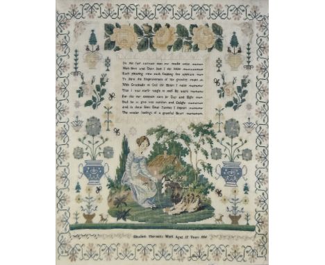 A 19th Century Needlework Sampler, by Elizabeth Thorntons, Aged 12 Years, 1836, worked with ten line verse, landscape with co