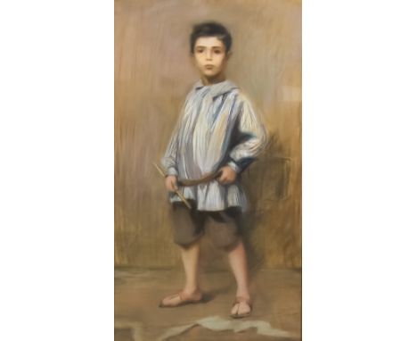 Alice Beach (Late 19th/Early 20th Century English School) - Pastel - Full-length portrait of a standing boy, holding a stick,