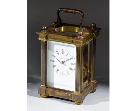 A 20th Century Brass Cased Carriage Clock, by Matthew Norman of London, the white enamel dial with Roman numerals, to the eig