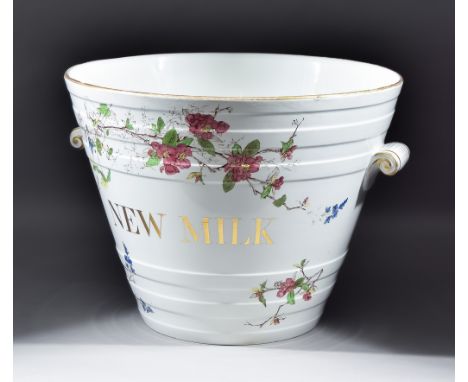 A White Glazed Two-Handled Ceramic Milk Pail, Early 20th Century, the body moulded with six bands, transfer printed in gilt w