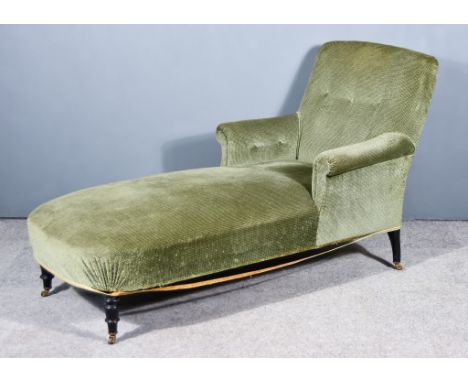 A Victorian Ebonised Frame Day Bed, with rectangular back, out scrolled arms, the back, seat and arms upholstered in green cl