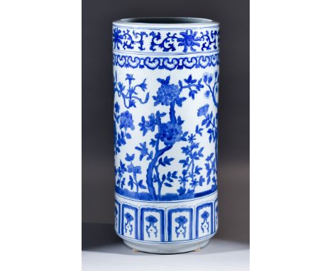 A Chinese Blue and White Stick Stand, Late 19th/Early 20th Century, painted with flowering branches, 17.5ins (44.4cm) high Th