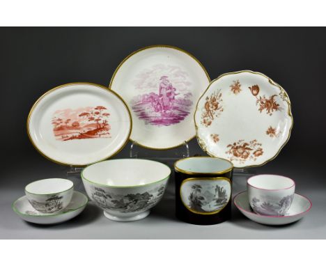A Collection of Bat-Printed Porcelain, Early 1800, including - a porter mug enamelled in brown with gilt detail 3.75ins high,